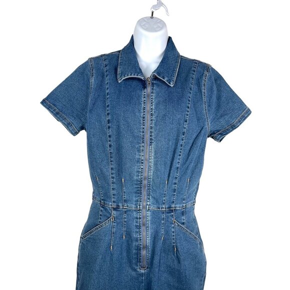 Girlish flare denim zip up jumpsuit high waist 90s Y2K sz L - Picture 4 of 10